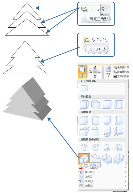 3 D効果を下絵に立体クリスマスツリーを描いてみよう Wordあそび